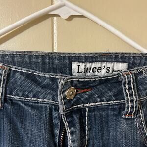 Liuce's Jeans Womens Size 9 Fleur de Lis Rhinestone Distressed Y2K Blue Denim